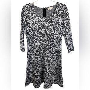 Loft Black/White Animal Print 3/4 Sleeve Knit Fit & Flare Dress Size 6P